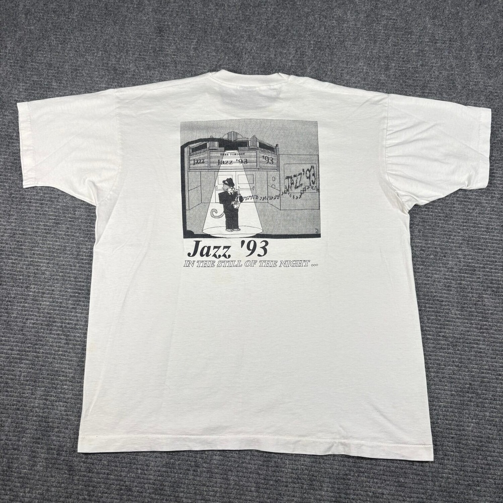 Vtg Jazz 93 Graphic T-Shirt Mens XL White Good Single Stitch Saxophone Music